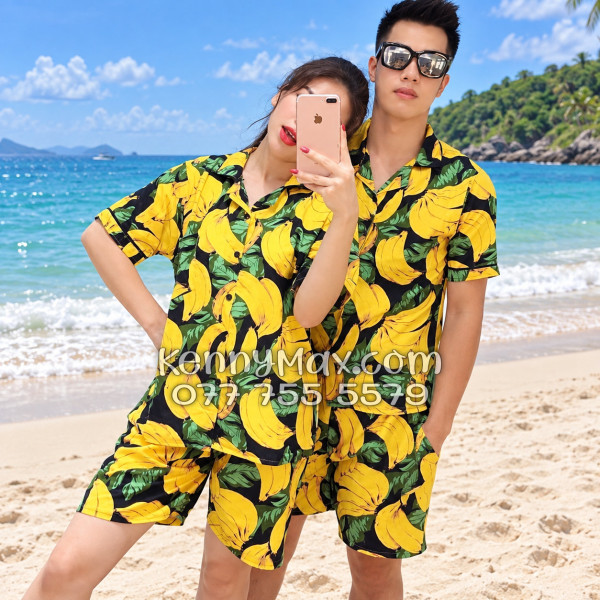 Bộ Hawaiian Chuối Vàng Nền Đen Nam Nữ