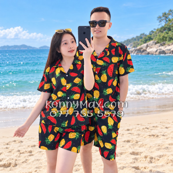 Bộ Hawaiian Thơm Dưa Hấu Nền Đen Nam Nữ