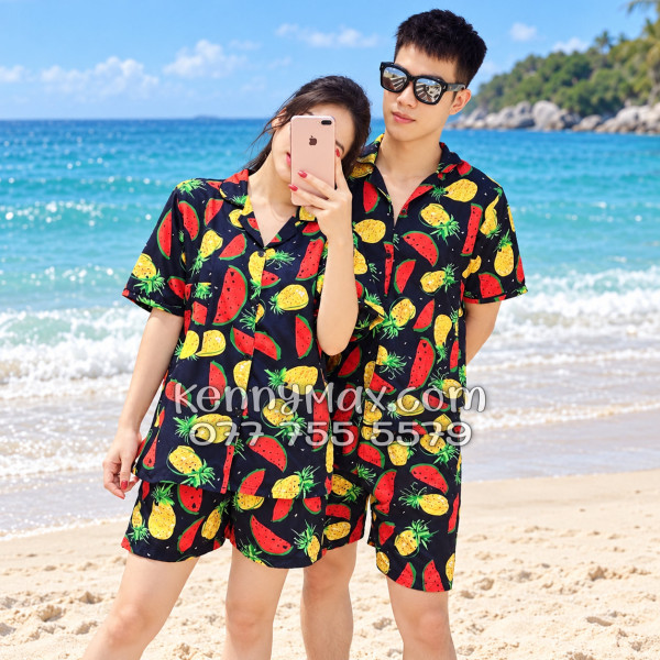 Bộ Hawaiian Thơm Dưa Hấu Nền Đen Nam Nữ