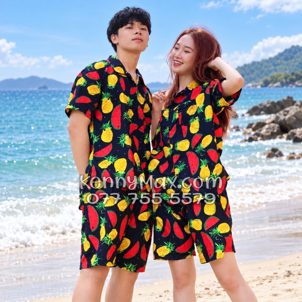 Bộ Hawaiian Thơm Dưa Hấu Nền Đen Nam Nữ