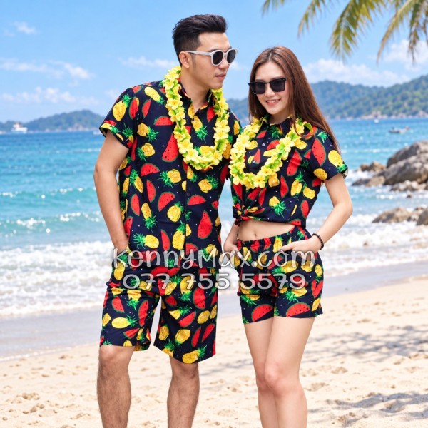 Bộ Hawaiian Thơm Dưa Hấu Nền Đen Nam Nữ