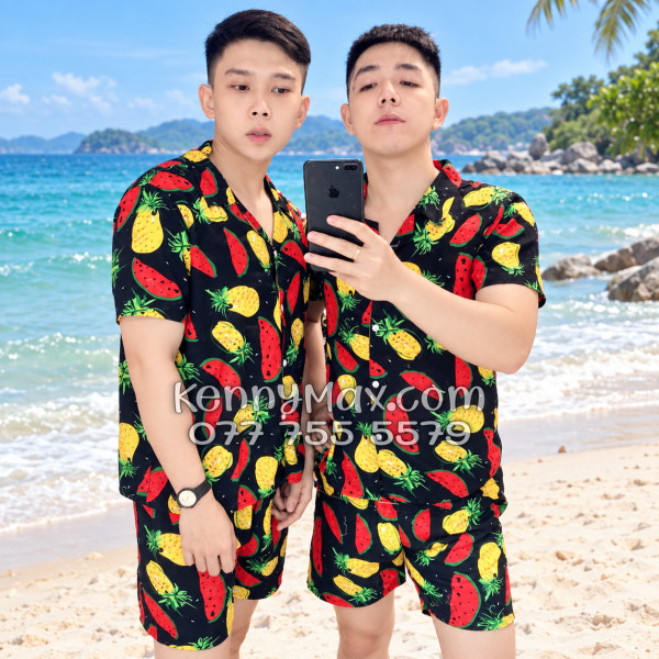 Bộ Hawaiian Thơm Dưa Hấu Nền Đen Nam Nữ