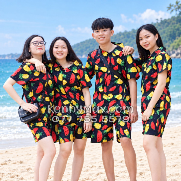 Bộ Hawaiian Thơm Dưa Hấu Nền Đen Nam Nữ