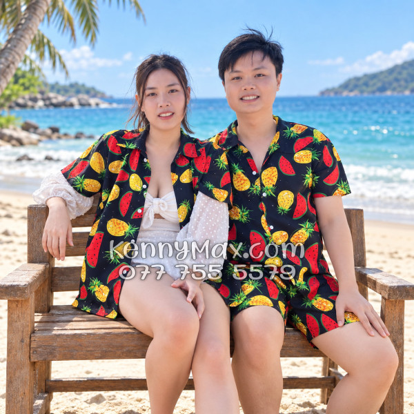 Bộ Hawaiian Thơm Dưa Hấu Nền Đen Nam Nữ