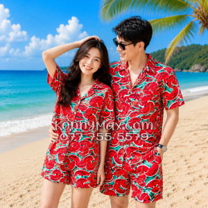 Bộ Áo Sơ Mi Quần Short Hawaiian Dưa Hấu Đỏ Nam Nữ Đi Biển