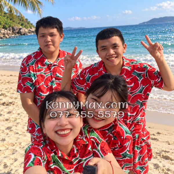 Bộ Áo Sơ Mi Quần Short Hawaiian Dưa Hấu Đỏ Nam Nữ Đi Biển