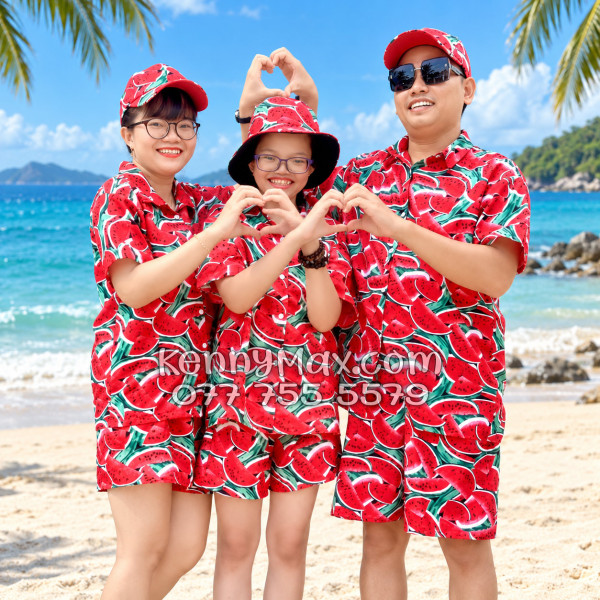 Bộ Áo Sơ Mi Quần Short Hawaiian Dưa Hấu Đỏ Nam Nữ Đi Biển