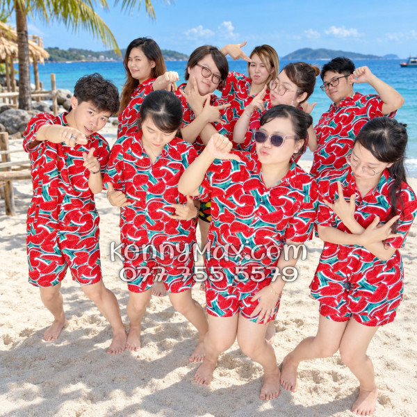 Bộ Áo Sơ Mi Quần Short Hawaiian Dưa Hấu Đỏ Nam Nữ Đi Biển
