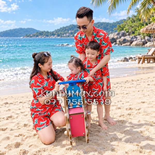 Bộ Áo Sơ Mi Quần Short Hawaiian Dưa Hấu Đỏ Nam Nữ Đi Biển