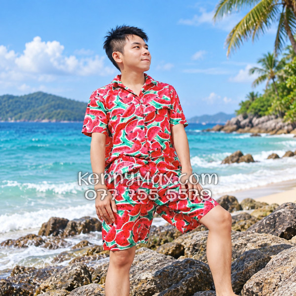 Bộ Áo Sơ Mi Quần Short Hawaiian Dưa Hấu Đỏ Nam Nữ Đi Biển
