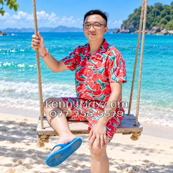 Bộ Áo Sơ Mi Quần Short Hawaiian Dưa Hấu Đỏ Nam Nữ Đi Biển