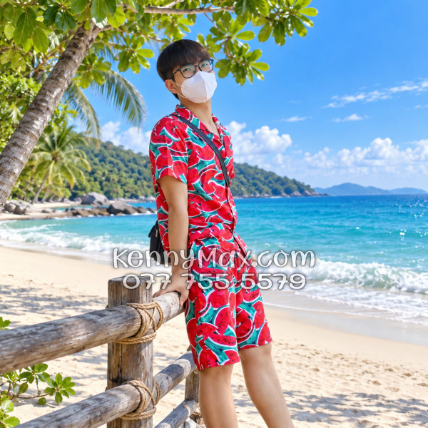Bộ Áo Sơ Mi Quần Short Hawaiian Dưa Hấu Đỏ Nam Nữ Đi Biển