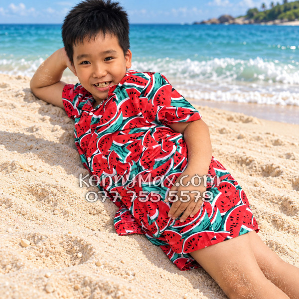 Bộ Áo Sơ Mi Quần Short Hawaiian Dưa Hấu Đỏ Nam Nữ Đi Biển