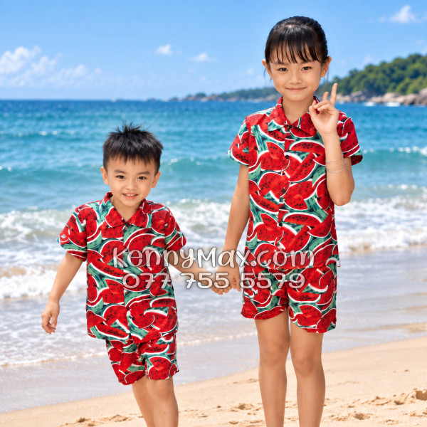 Bộ Áo Sơ Mi Quần Short Hawaiian Dưa Hấu Đỏ Nam Nữ Đi Biển