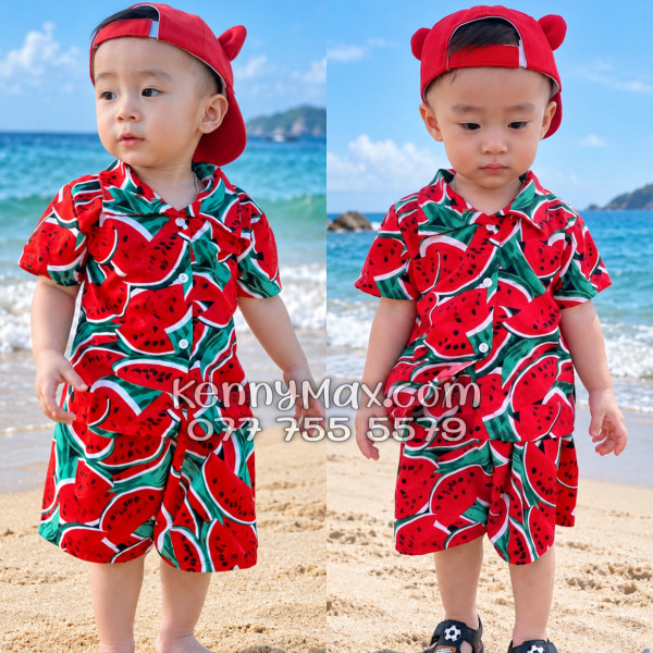 Bộ Áo Sơ Mi Quần Short Hawaiian Dưa Hấu Đỏ Nam Nữ Đi Biển