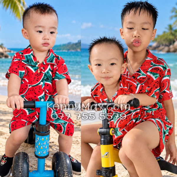 Bộ Áo Sơ Mi Quần Short Hawaiian Dưa Hấu Đỏ Nam Nữ Đi Biển
