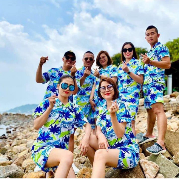 Bộ Đi Biển Kate Thái - Cây Dừa Xanh Trắng - Đồng Phục Nhóm Lớp Team Building Vải Mềm Mát