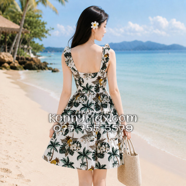 Đầm Nữ Resort Kate Thái Họa Tiết Nhiệt Đới Hoa Sứ Cây Dừa