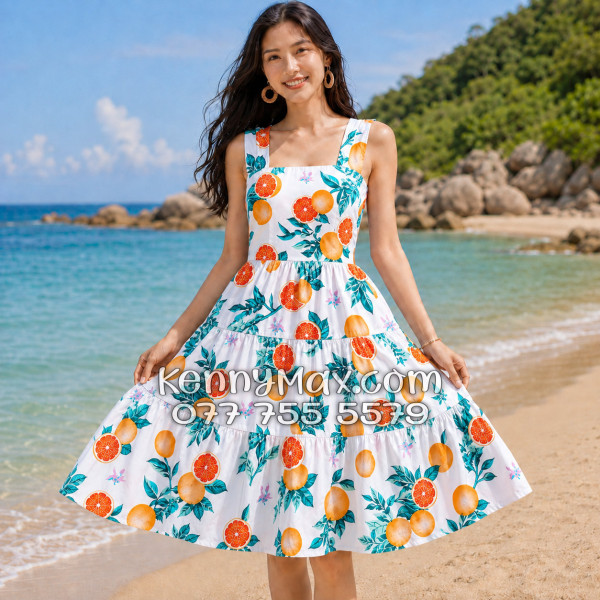 Đầm Nữ Resort Kate Thái Nền Trắng Họa Tiết Trái Cam Tropical