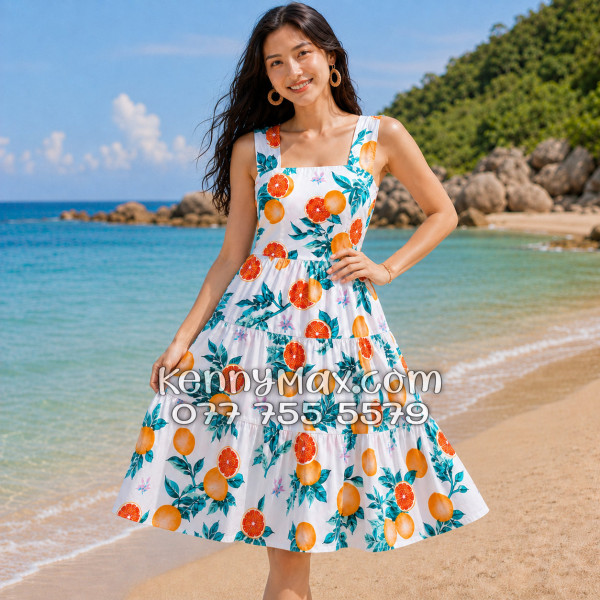 Đầm Nữ Resort Kate Thái Nền Trắng Họa Tiết Trái Cam Tropical
