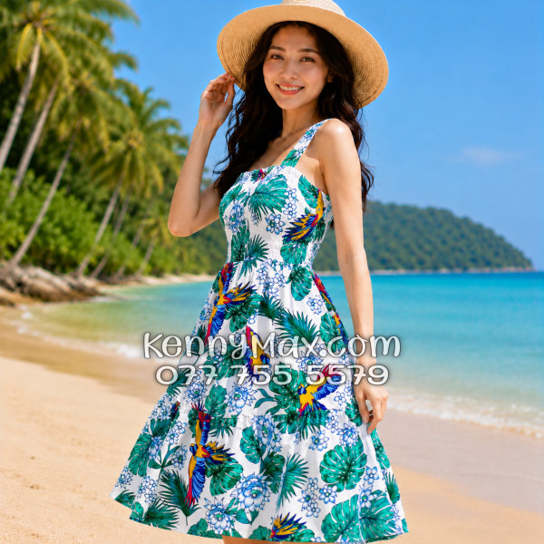 Đầm Nữ Resort Kate Thái Họa Tiết Chim Vẹt Lá Xanh Tropical
