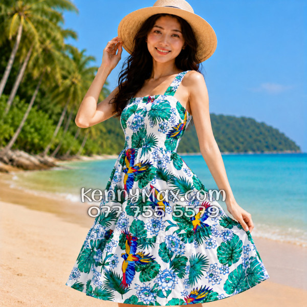 Đầm Nữ Resort Kate Thái Họa Tiết Chim Vẹt Lá Xanh Tropical