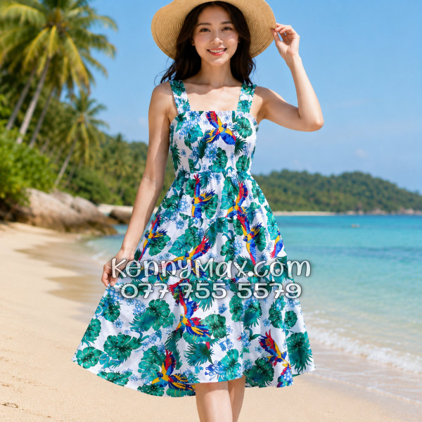 Đầm Nữ Resort Kate Thái Họa Tiết Chim Vẹt Lá Xanh Tropical