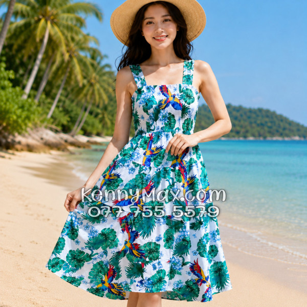 Đầm Nữ Resort Kate Thái Họa Tiết Chim Vẹt Lá Xanh Tropical
