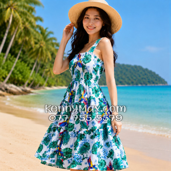 Đầm Nữ Resort Kate Thái Họa Tiết Chim Vẹt Lá Xanh Tropical