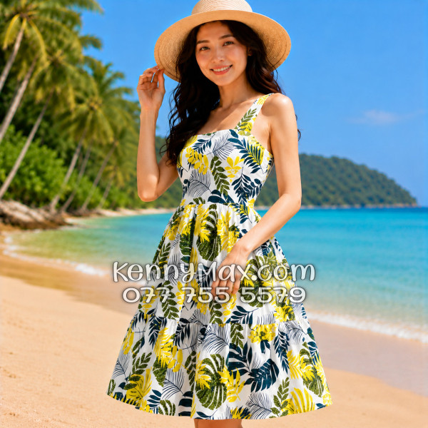 Đầm Nữ Resort Kate Thái Họa Tiết Lá Vàng Xanh Botanical