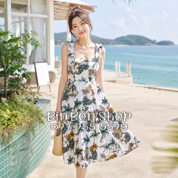 Đầm Nữ Resort Kate Thái Họa Tiết Nhiệt Đới Hoa Sứ Cây Dừa - DAM001