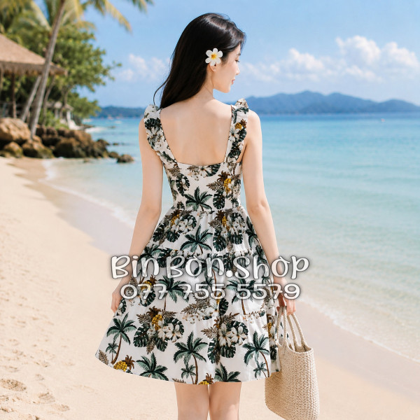 Đầm Nữ Resort Kate Thái Họa Tiết Nhiệt Đới Hoa Sứ Cây Dừa - DAM001