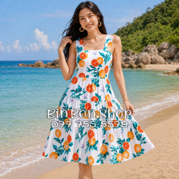 Đầm Nữ Resort Kate Thái Nền Trắng Họa Tiết Trái Cam Tropical - DAM003