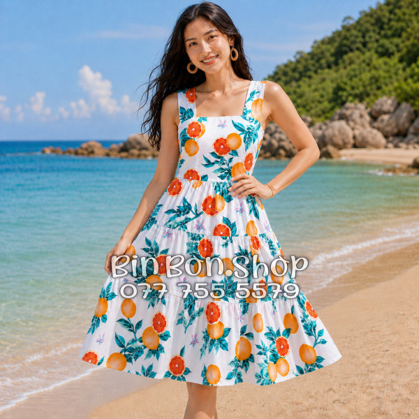 Đầm Nữ Resort Kate Thái Nền Trắng Họa Tiết Trái Cam Tropical - DAM003