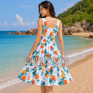 Đầm Nữ Resort Kate Thái Nền Trắng Họa Tiết Trái Cam Tropical - DAM003
