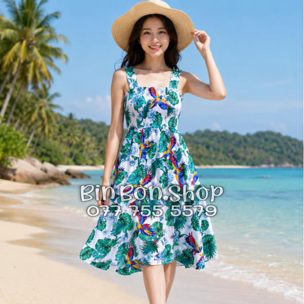 Đầm Nữ Resort Kate Thái Họa Tiết Chim Vẹt Lá Xanh Tropical - DAM005