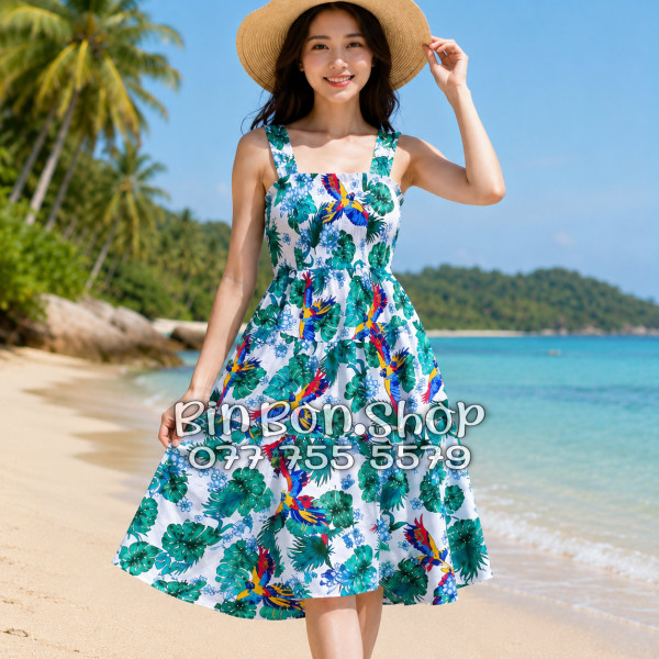 Đầm Nữ Resort Kate Thái Họa Tiết Chim Vẹt Lá Xanh Tropical - DAM005