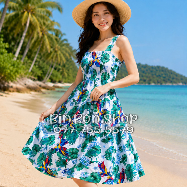 Đầm Nữ Resort Kate Thái Họa Tiết Chim Vẹt Lá Xanh Tropical - DAM005