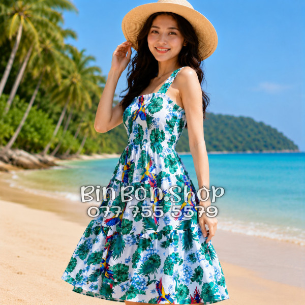 Đầm Nữ Resort Kate Thái Họa Tiết Chim Vẹt Lá Xanh Tropical - DAM005