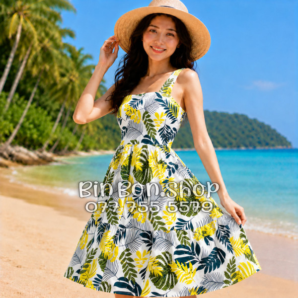 Đầm Nữ Resort Kate Thái Họa Tiết Lá Vàng Xanh Botanical - DAM006