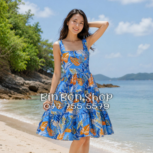 Đầm Nữ Resort Kate Thái Họa Tiết Lá Môn Xanh Botanical - DAM007