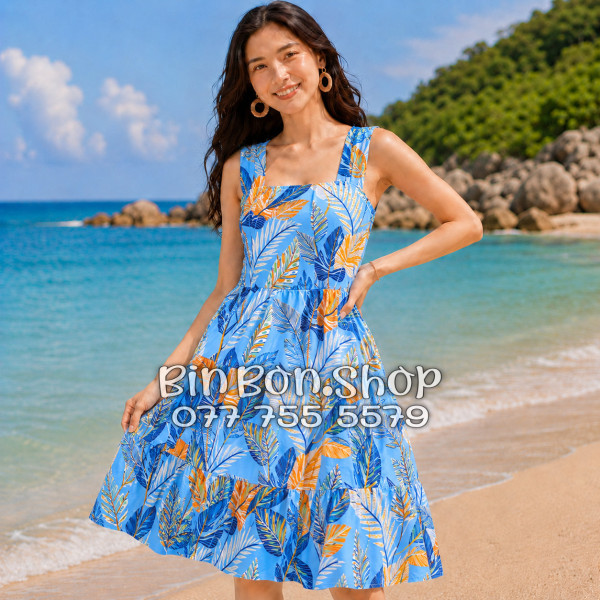 Đầm Nữ Resort Kate Thái Họa Tiết Lá Môn Xanh Botanical - DAM007